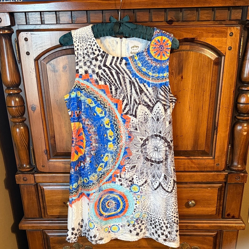 Fleur de Lis Collection Sleeveless Mini Dress in Blue, Orange & Yellow